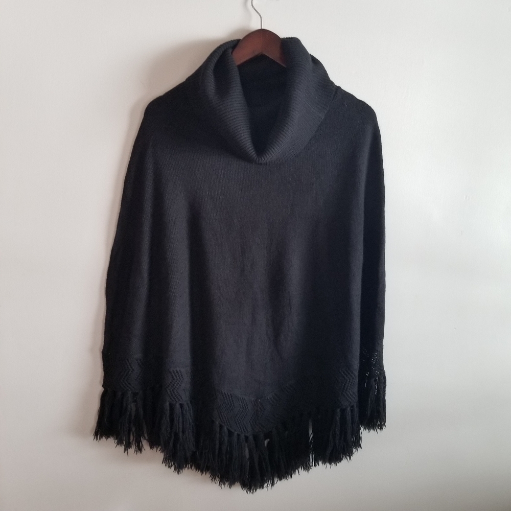 Groggy Knit Poncho Cowl Neck Sweater Black Fringe  Turtleneck Ladies Small